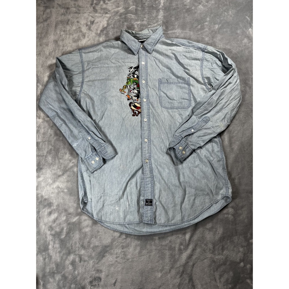 VTG Warner Bros Studio Store Looney Tunes Embroidered Button Down Shirt Sz L